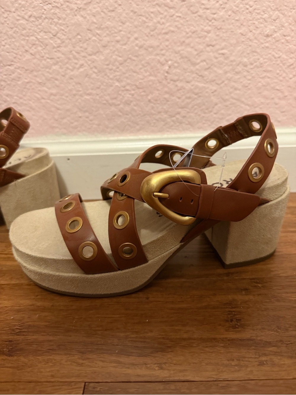 Aerosole Brown Leather Platform Sandals with Gold Buckle